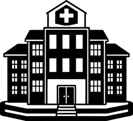 Modern hospital building icon, medical facility silhouette, healthcare center front view, emergency structure illustration, flat vector illustration, health symbol