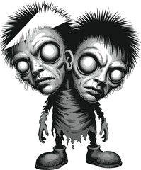 Two-headed monster illustration, surreal horror character, creepy fantasy creature, eerie grayscale art, spooky humanoid design, unsettling cartoon, dark stylized drawing © Sumon