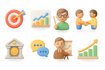 3d business and financial icons with growth charts and teamwork symbolism