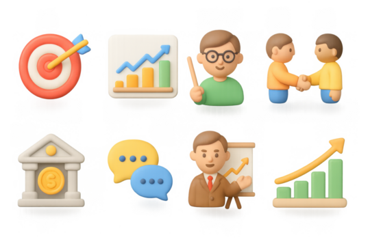 3d business and financial icons with growth charts and teamwork symbolism