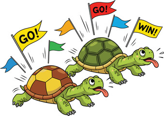 Obraz premium Two cartoon turtles racing with go and win flags