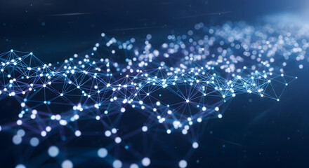Abstract glowing blue digital network of interconnected nodes and lines creating a futuristic wave pattern on a dark background representing data flow and connectivity
