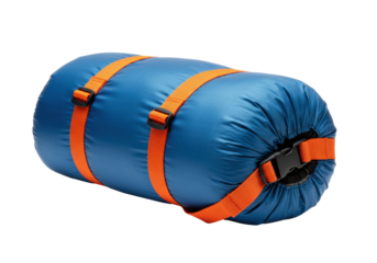 Isolated sleeping bag neatly compressed, secured with tight orange straps for efficient storage