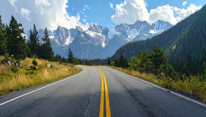 An open road curves toward snow-capped mountains under a blue sky with puffy clouds. Lush green forests line the hills