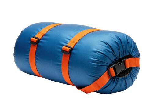 Isolated sleeping bag neatly compressed, secured with tight orange straps for efficient storage