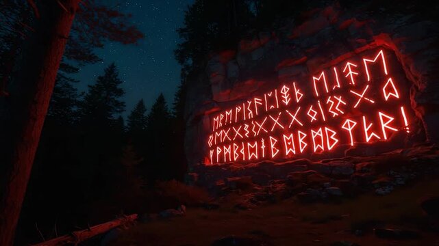 Mysterious glowing runes in dark forest at night.