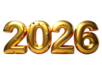 Transparent Background 3D Golden Numbers 2026 with Sparkles and Confetti, Happy New Year Celebration