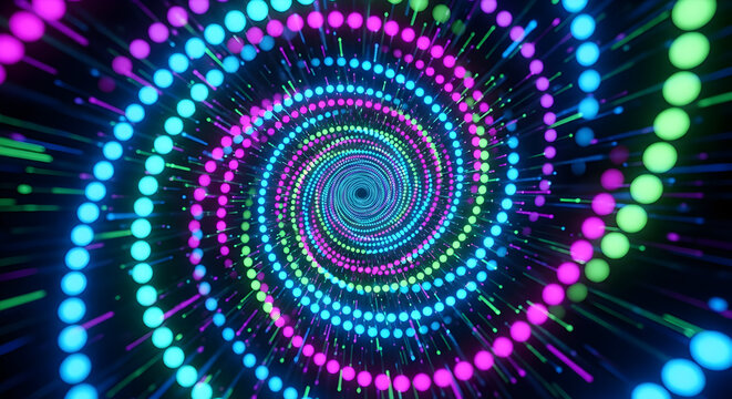 Vibrant neon lights form a mesmerizing swirling vortex tunnel creating a futuristic and energetic abstract background perfect for music events or digital art