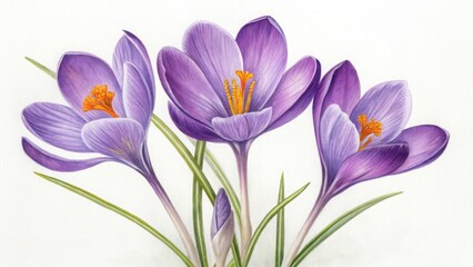 Fototapeta premium Three purple crocus flowers isolated on white background in watercolor style