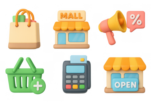 3d shopping elements: mall, commerce, discount icons for retail marketing
