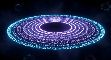 Abstract glowing portal of swirling blue and purple particles creating a circular vortex effect against a dark background representing energy technology and the unknown
