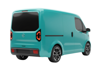 Isolated Aqua-Colored Cargo Van, New Design, Transportation, Modern Vehicle Rear Perspective