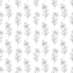 Seamless pattern with delicate hand-drawn flowers and leaves for wallpaper and textile design on white background
