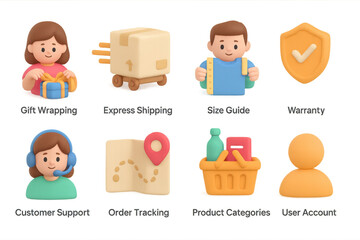 Cute 3d icons for online shopping and customer service themes