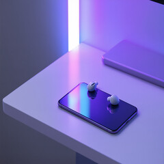 Top-down shot of sleek smartphone and wireless earbuds on clean minimal desk with neo