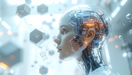 Digital Mind Futuristic female android profile, revealing glowing neural networks and data elements, symbolizing advanced artificial intelligence and technological innovation