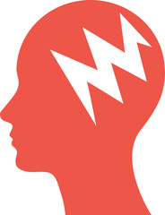 Red head silhouette with lightning bolts symbolizing headache, migraine, stress, and mental health issues