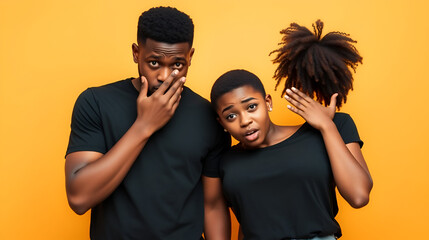Young couple two sad friends family shocked african man woman together in black t-shirt cover mouth with hand put arm on face facepalm epic fail gesture isolated on yellow background studio portrait.