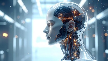 The illuminated inner workings of a futuristic humanoid robot's head, representing advanced artificial intelligence, machine learning, and technological innovation in a sleek, digital environment