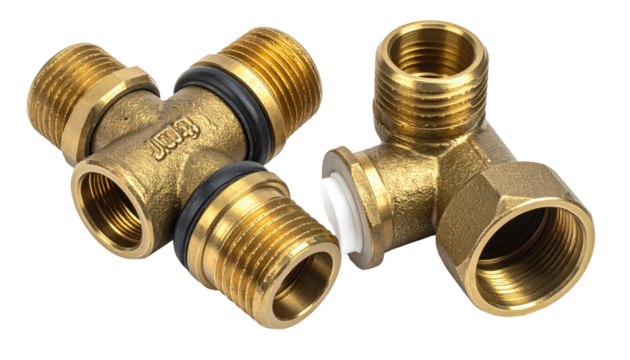 Brass plumbing fittings, close-up