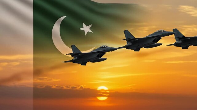 Pakistani fighter jets flying over flag at sunset