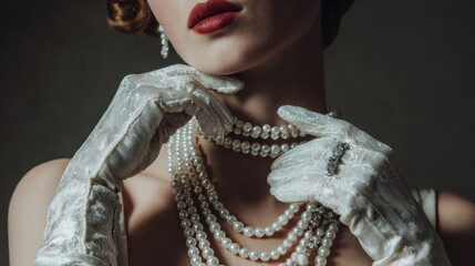 Elegant woman dressed in vintage attire adorned with multiple strands of pearls and wearing ornate gloves against a dramatic backdrop exuding classic luxury and sophistication.