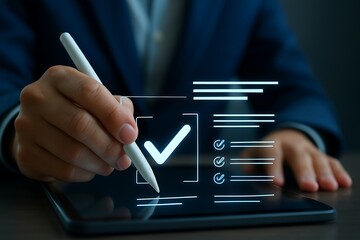 Hand holding tablet with pen and document for business work