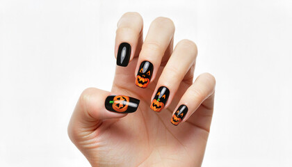 Woman's hand with Halloween-themed nail art featuring pumpkins and ghosts  