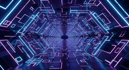 A futuristic hexagonal tunnel with glowing neon blue and purple lights creating a sense of infinite digital space and advanced technology