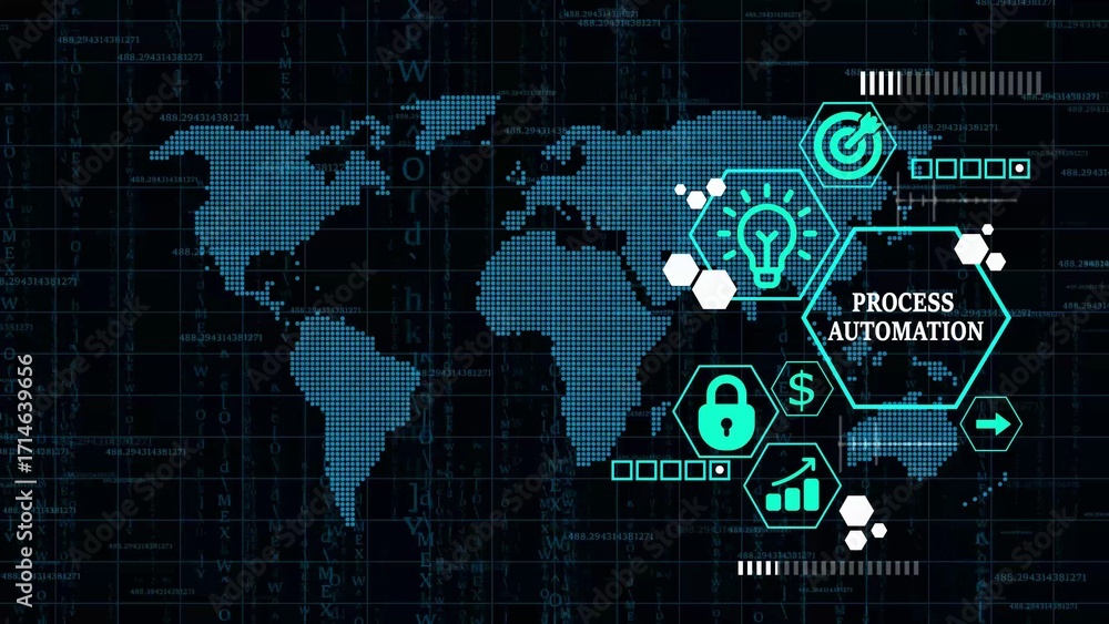 Poster digital world map with process automation icons and data overlays in teal blue technology global