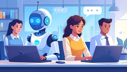Modern office scene with robot coworkers