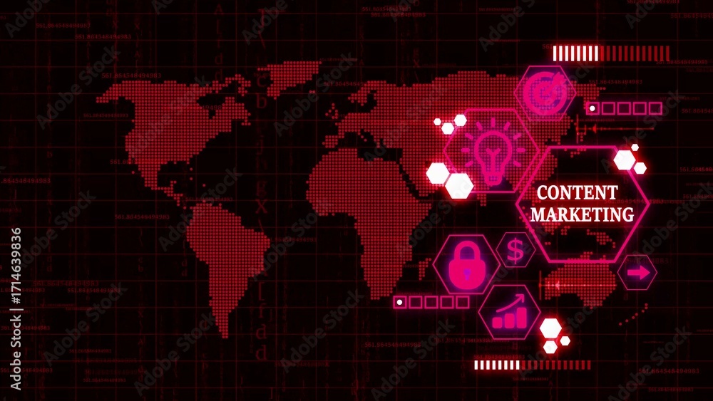 Poster global content marketing strategy digital world map with icons and data visualization digital market
