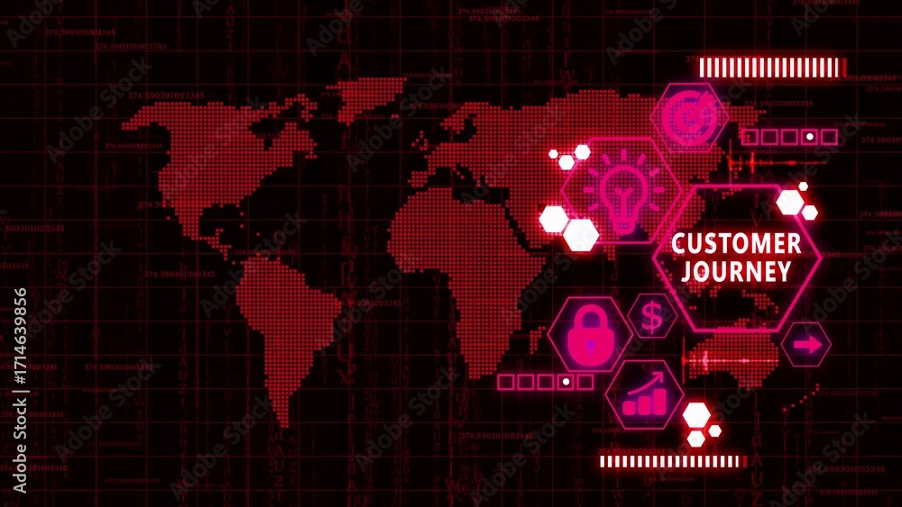 Poster global customer journey concept with red digital icons and world map technology