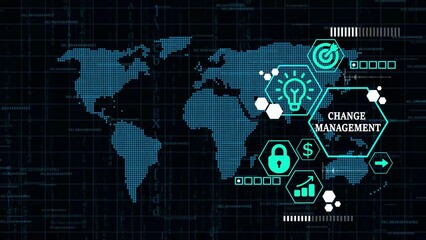 Fototapeta premium Global Change Management Strategy Digital World Map with Icons and Data Visualization global strategy