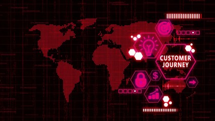 Global Customer Journey Concept with Red Digital Icons and World Map technology