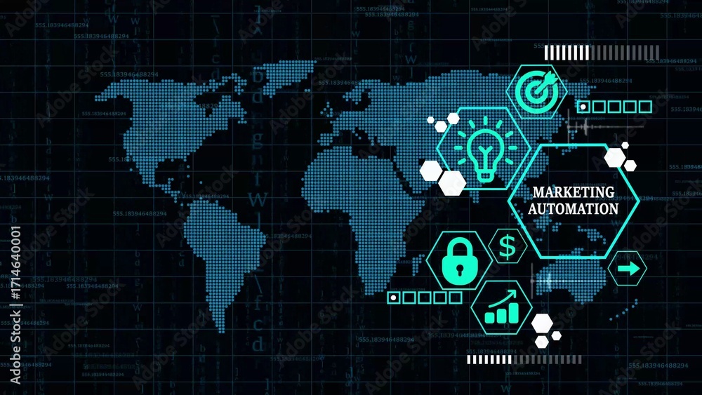 Aufkleber global marketing automation concept with digital world map and futuristic icons in teal tones image 