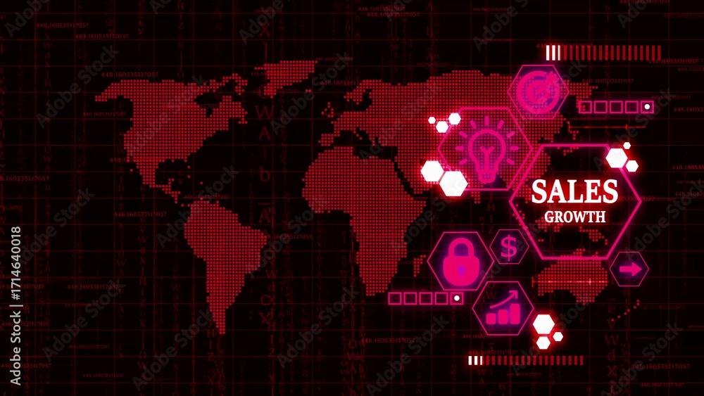 Poster global sales growth digital interface with world map and icons in red image photo