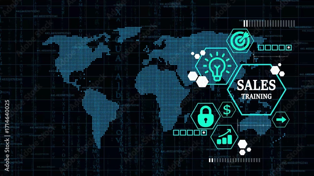 Poster global sales training digital interface with world map and icons image photo