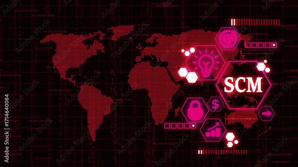 Poster global scm concept with digital world map and technology icons in pink supply chain management