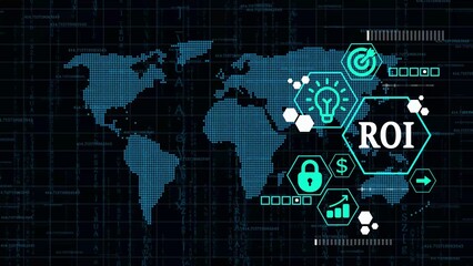 Global ROI Concept with Digital World Map and Teal Technology Icons return on investment global finance