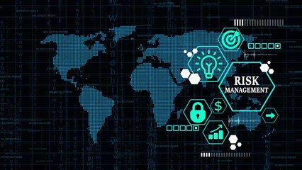 Global Risk Management Digital Interface with World Map and Icons in Blue image photo