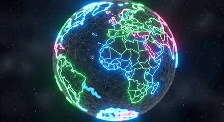 Vibrant neon glowing digital globe with illuminated continents and intricate network connections against a dark abstract background representing global technology and data flow