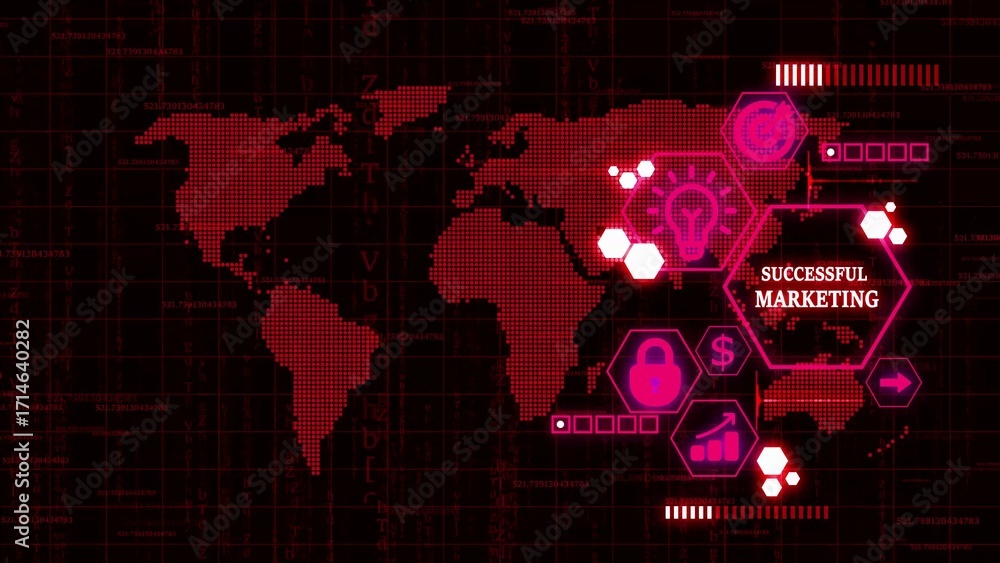 Aufkleber red global map with content marketing icons and digital data streams world map technology