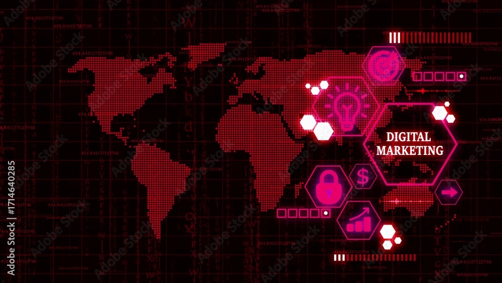 Poster red world map with digital marketing icons and futuristic data streams global concept strategy