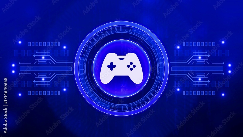 Poster neon blue video game controller icon with digital circuit board and data streams on dark blue backgr