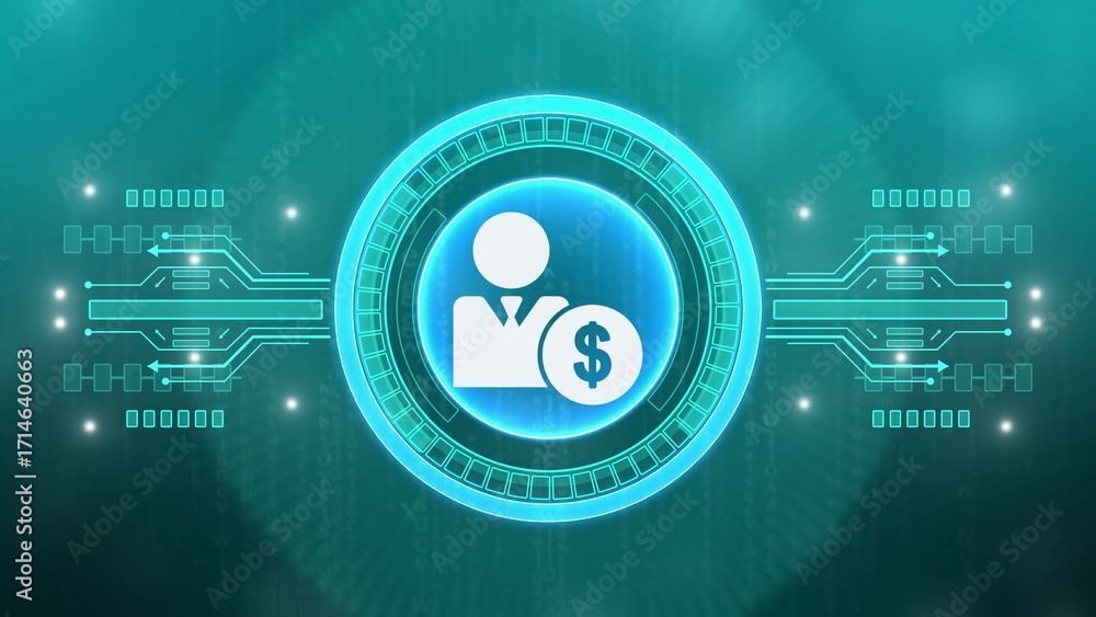Poster digital icon of a person with dollar sign and circuit board lines on teal background user profile