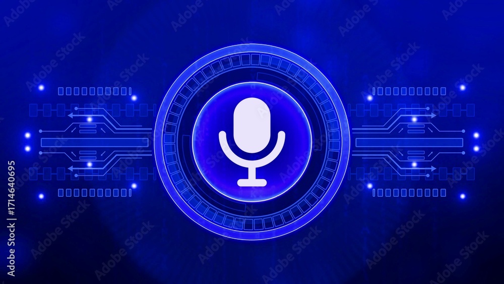 Poster neon blue microphone icon with digital circuit board and data streams on dark blue background audio 