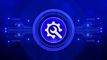 Wrench and Gear Icon for Settings and Repair on Blue Circuit Board Background tools