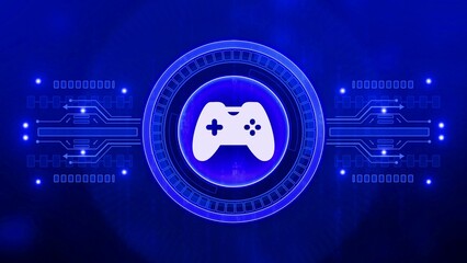 Neon blue video game controller icon with digital circuit board and data streams on dark blue background