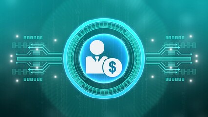 Digital icon of a person with dollar sign and circuit board lines on teal background user profile